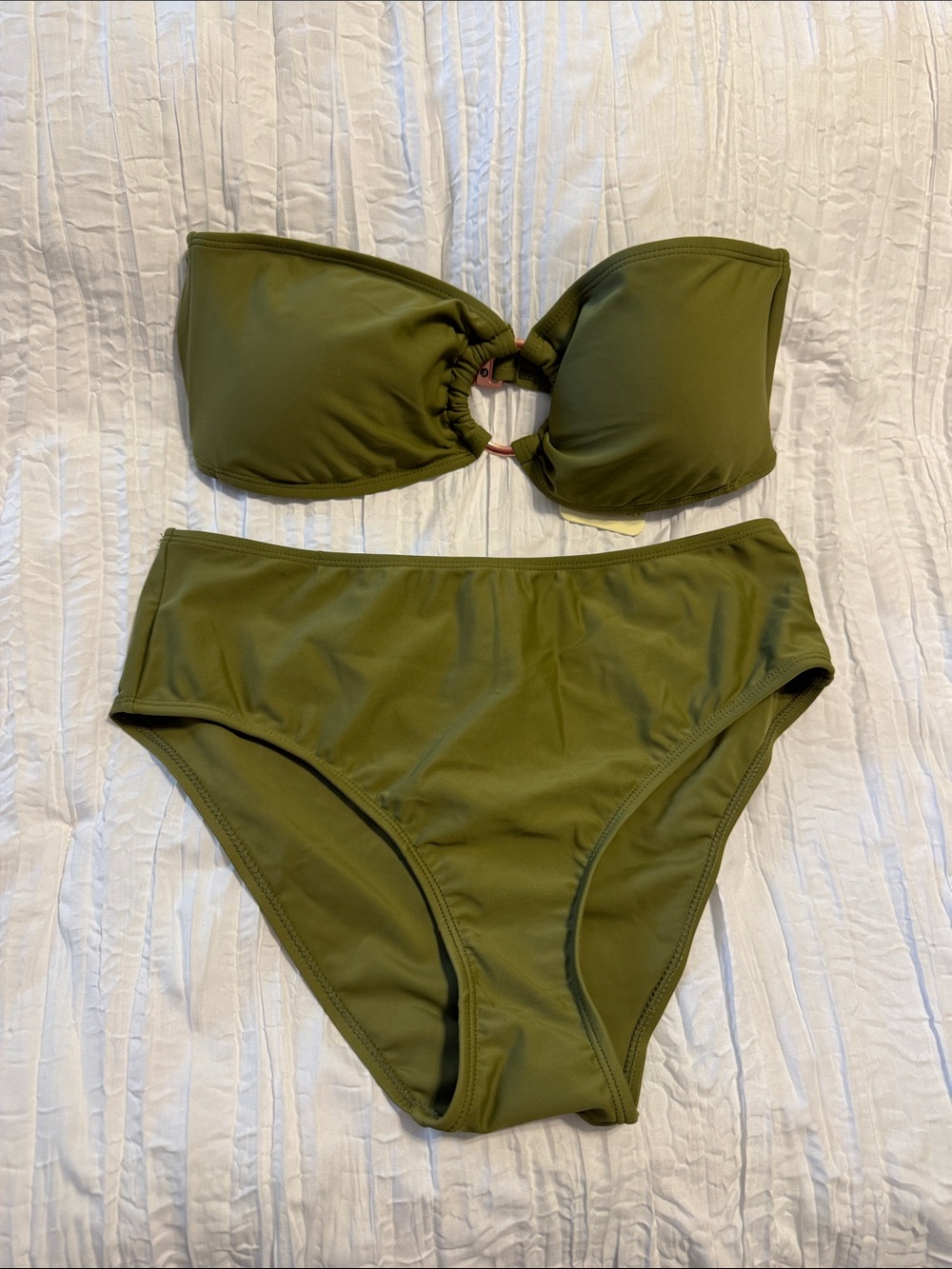 Joan Vass Olive Green Strapless Bikini Set with Ring Detail